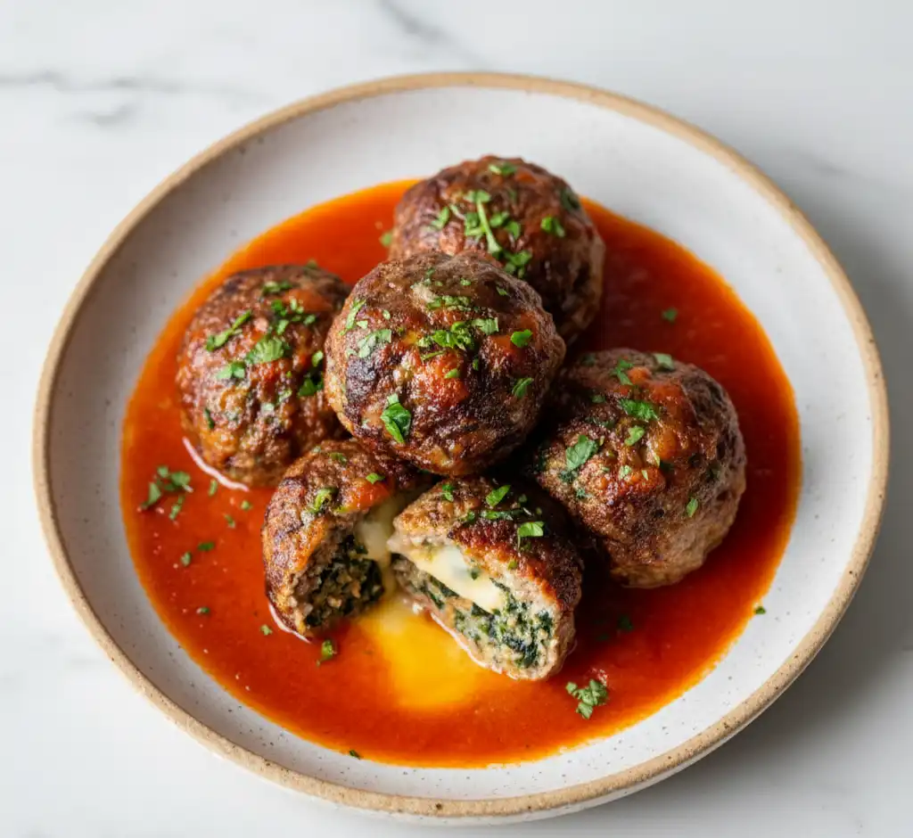 Spinach Garlic Meatballs Stuffed with Mozzarella