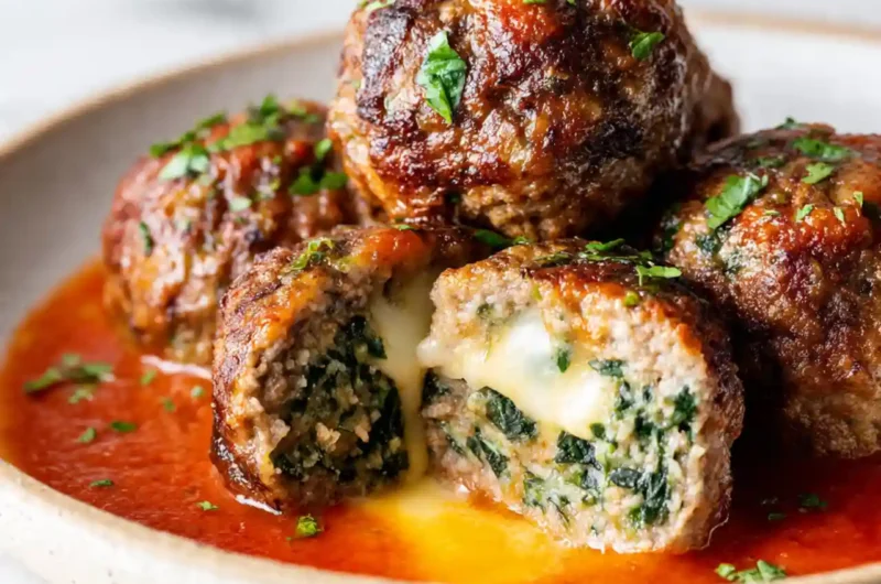 Spinach Garlic Meatballs Stuffed with Mozzarella
