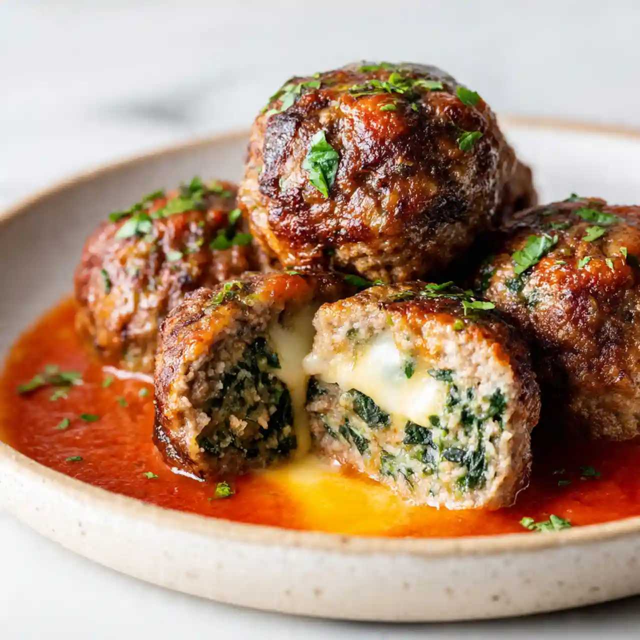 Spinach Garlic Meatballs Stuffed with Mozzarella