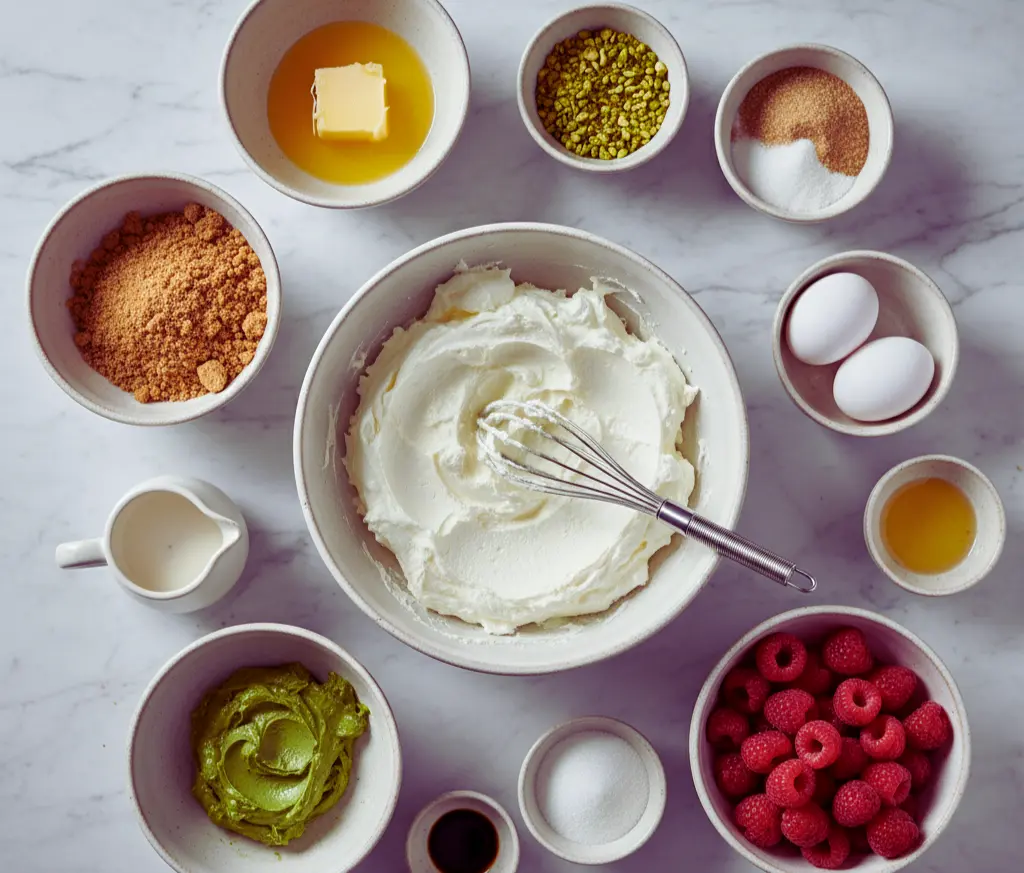 Elegant Pistachio Raspberry Crunch Cheesecake