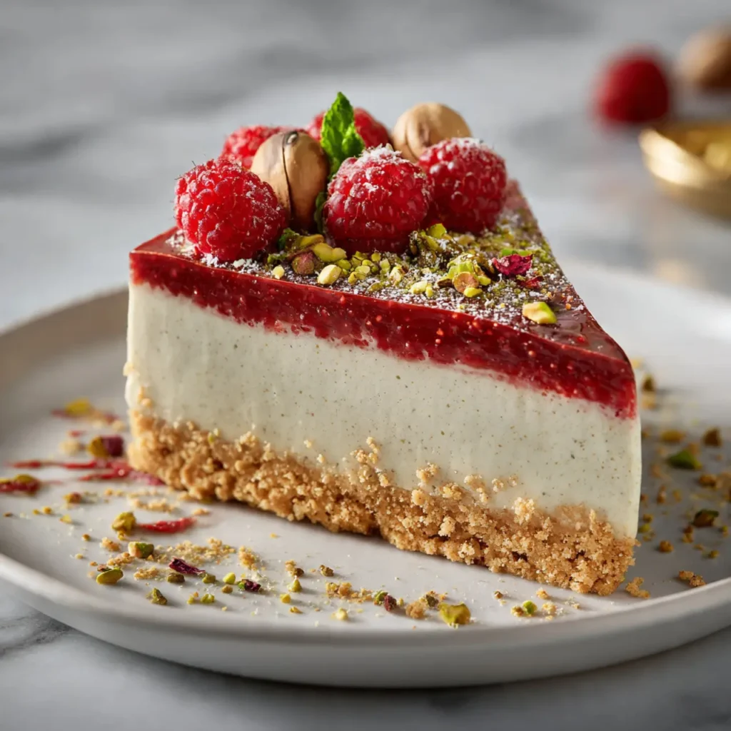 Elegant Pistachio Raspberry Crunch Cheesecake
