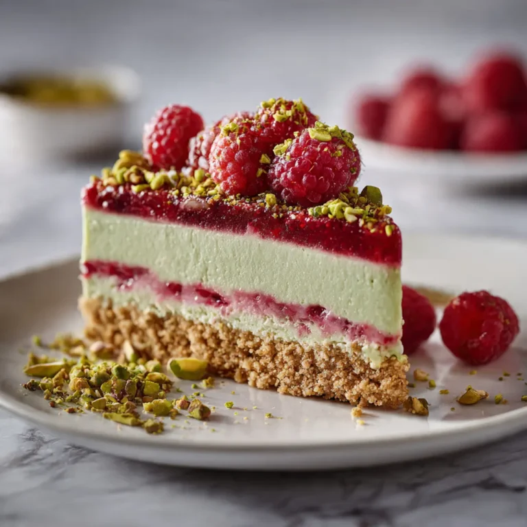 Elegant Pistachio Raspberry Crunch Cheesecake